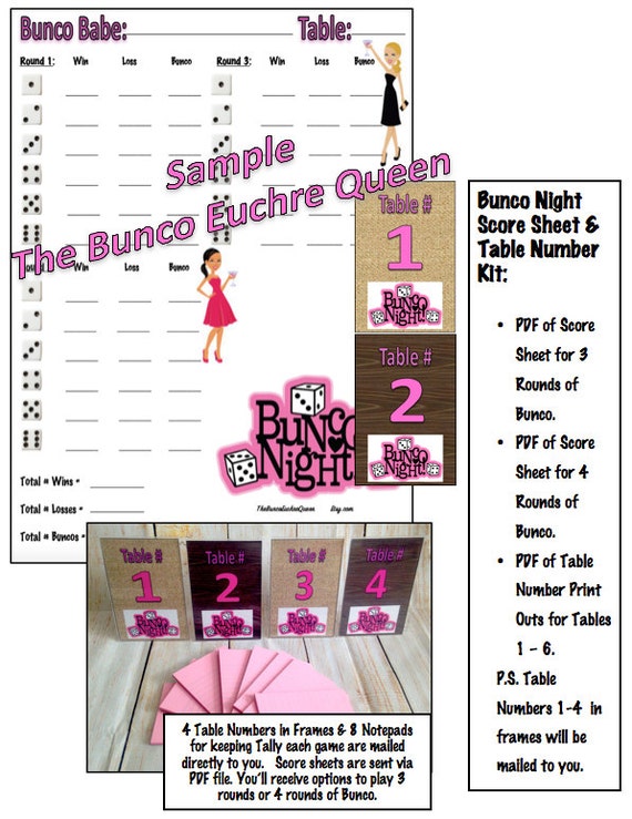 Bunco Table Numbers in Frames and Bunco Score Cards / Score