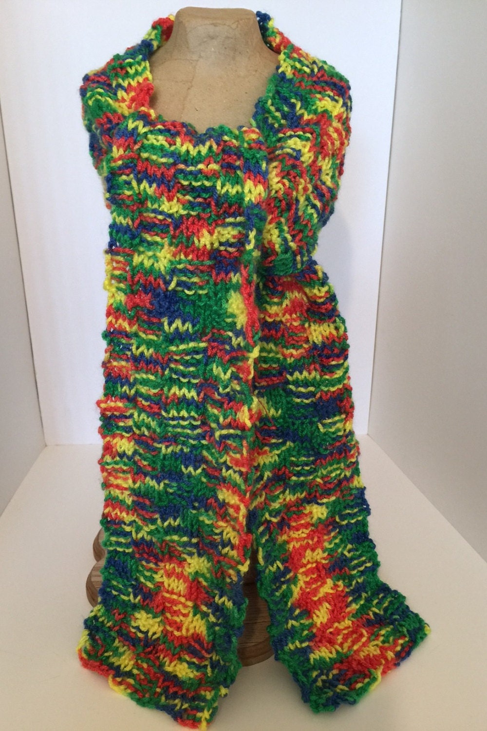 Hand Knitted Checkerboard Scarf in Primary Colors