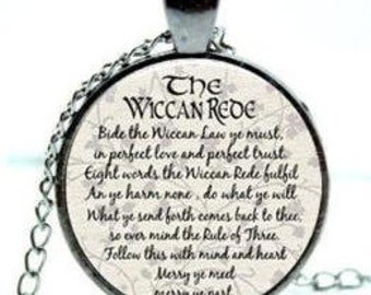 The Wiccan Rede Cabochon Glass Dome Pendant Necklace In Gun Metal Tone.