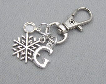 Personalized snowflake purse charm, zipper charm, silver initial, crystal birthstone, gift for her, snowflake bag charm, snowflake keychain