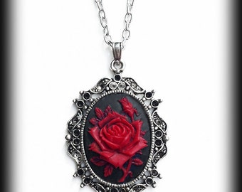 Red Rose Necklace, Gothic Victorian Cameo Pendant, Antique Silver Frame, Gothic Valentine Gift, Romantic Jewelry, Handmade Jewellery