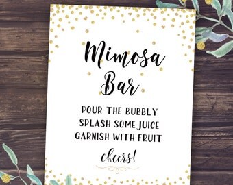 Mimosa Bar Sign Printable, Brunch and Bubbly Bridal Shower Decor Instant Download, Gold confetti and glitter, Black Banner, Wedding Tags
