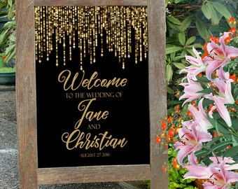 Printable welcome wedding sign, gold glitter reception entrance sign, bokeh sparkle gold and black digital sign. String lights welcome sign
