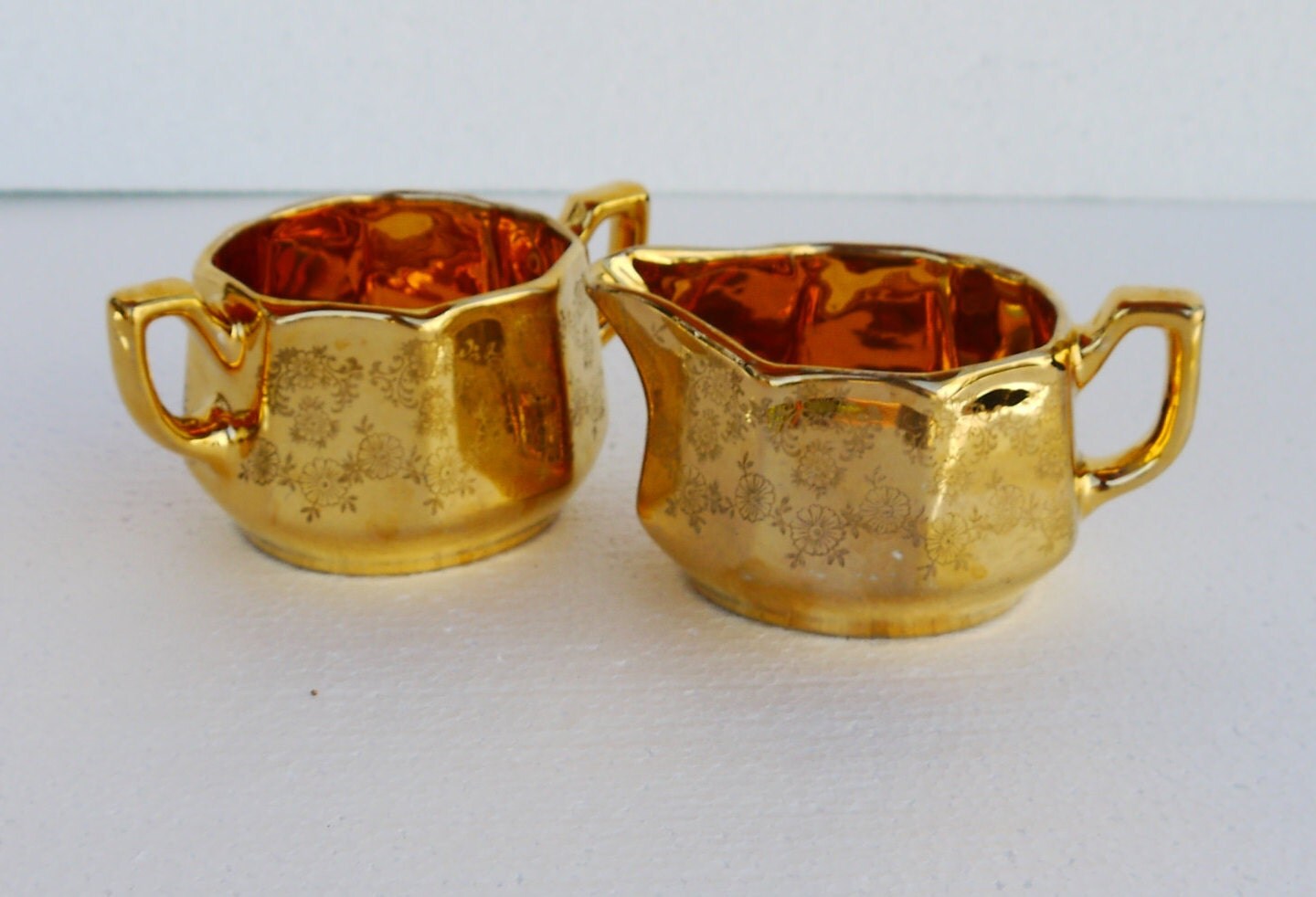 1950's Warranted 22K Gold Sugar Bowl and Creamer Etched