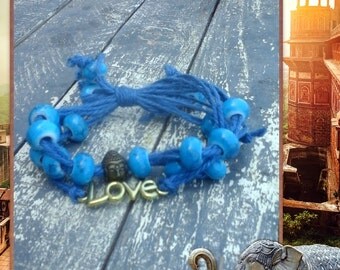 Buddha bracelet, Blue stone beaded golden tone love letters bracelet, Boho style cuff, Yoga bracelet