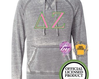 Delta Zeta Shirt, Delta Zeta Hoodie, Delta Zeta jacket, DZ sorority letter shirt, vintage, applique, embroidered, appliqued sorority letters