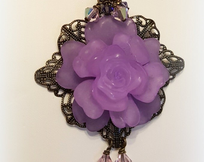 Lavender Rose Necklace, Floral Jewelry, Statement Necklace, Swarovski Necklace, Romantic Jewelry, Victorian Style, Vintage Jewelry