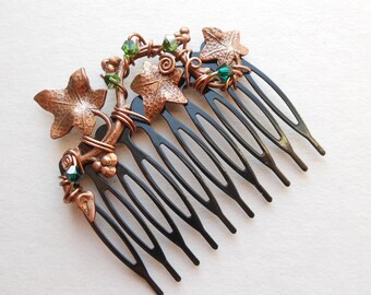 Ivy Leaves Hair Comb -- Copper Ivy Vine, Green Swarovski Crystals, Black Comb, Wire wrapped copper wire, Woodland Hair Accessory
