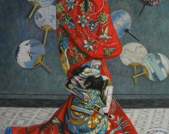 La Japonaise (Camille Monet in Japanese Costume) - Claude Monet hand-painted oil painting replica,monet's wife wrapped in a kimono with fans