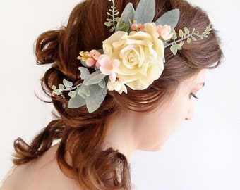 wedding headpiece, bridal headpiece, cream hair flower, bridal hair accessories, cream hair clip, pink peach hairpiece, rustic with berries