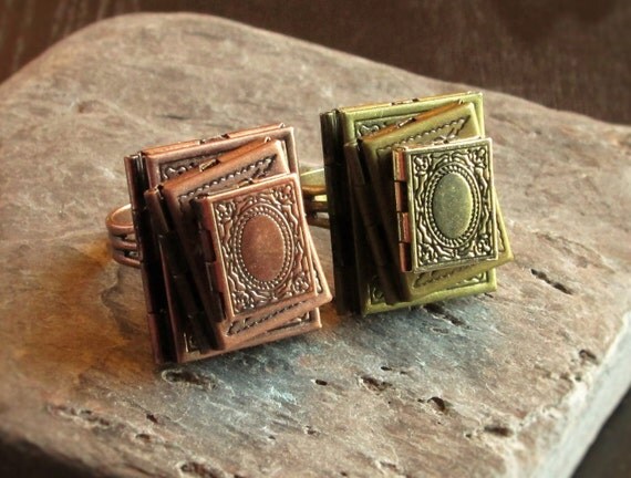 Book Locket Ring Stacked Books Ring Antique Brass Book