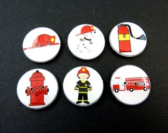 6 Fireman Buttons. Fire fighter sewing buttons. Handmade By Me. Washer and Dryer Safe.