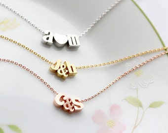 Initials Necklace with Ampersand or Heart - Gold Silver or Rose Gold Letter Personalized Bridesmaid Gift Bridal Custom Wedding Initial