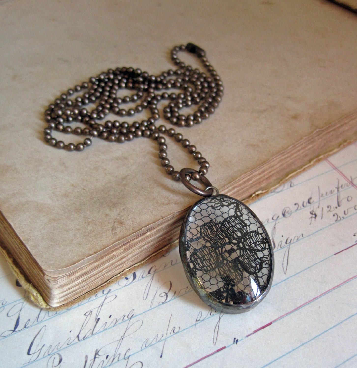 Black Lace Pendant Soldered Glass Jewelry Long Necklace