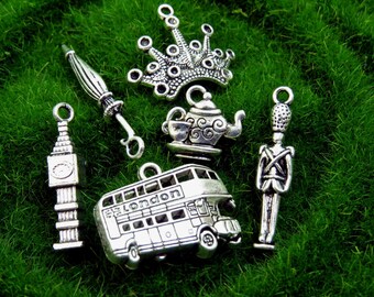 6 I LOVE LONDON Theme Charms - Assorted, Each Different - Antique Silver - Big Ben, Double Decker Bus, Palace Guard, Crown, Teapot, Umbrella
