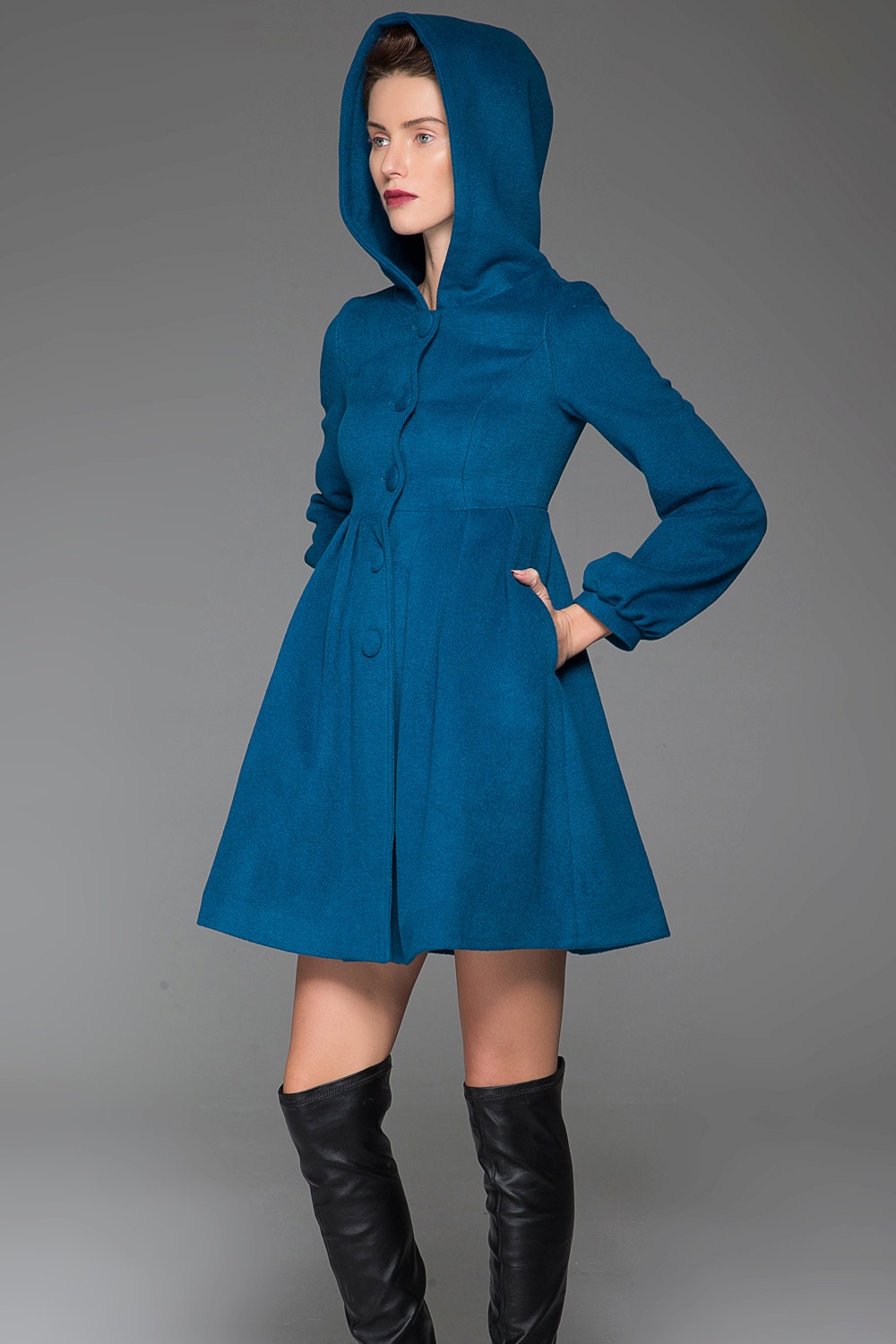 Blue Swing Coat Hooded Fit & Flare Short Winter Jacket with