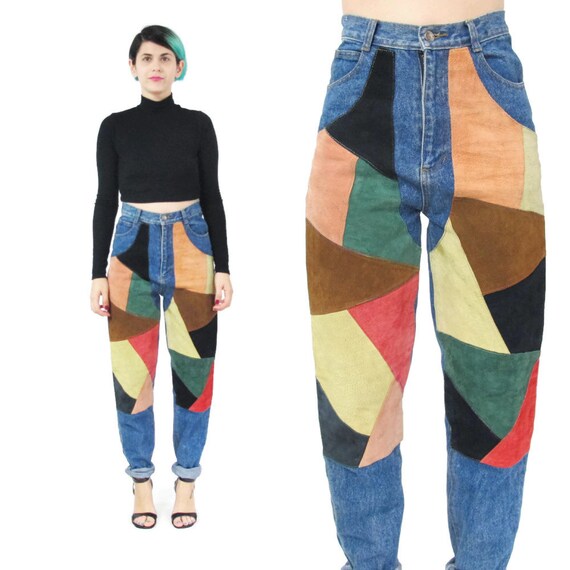 Vintage Patchwork Jeans Suede Leather Patches Womens 1990s