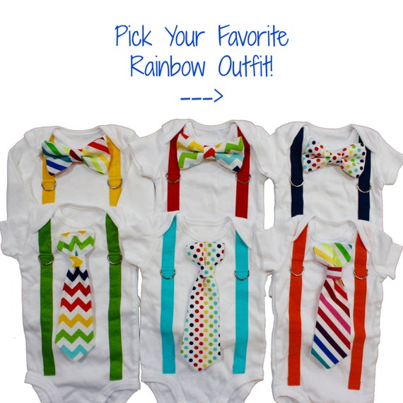 Rainbow Baby Boy Romper With Tie Or Bow Tie And Suspenders