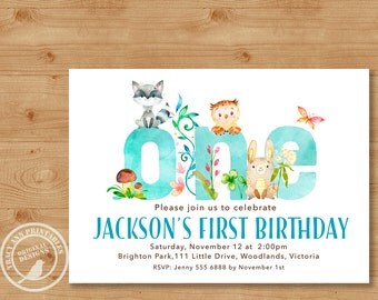 Woodland First Birthday Invitation |Boy Birthday Invite | 1st Birthday Woodland Party | Boy 1st Birthday | Printable DIY | 1515blue