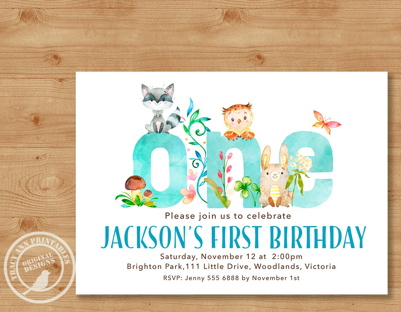 Woodland First Birthday Invitation Boy Birthday Invite 1st