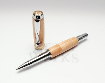 Executive Rollerball Pen - Triton Style - Bird's Eye Maple Wood with Chrome and Gold Accents (Gift Ready)
