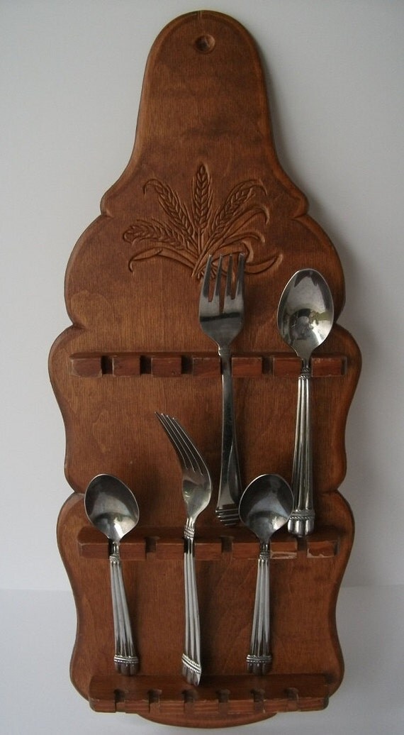 Items similar to Vintage wood wall spoon/ fork holder 19"x8" / wall spoon holder/ wood spoon