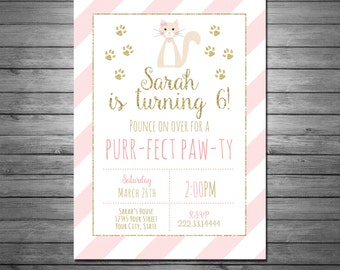 Kitty Cat Birthday Invitation, Printable File, Cat Invitation, Kitty Birthday Invitation, Pink and Gold Birthday, Gold Glitter Invitation