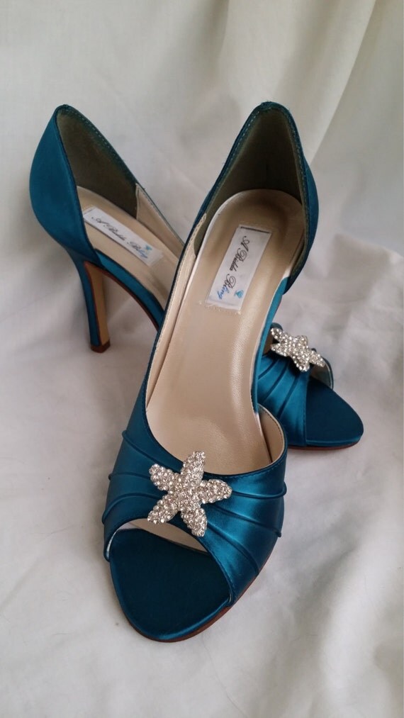 Wedding Shoes Teal Bridal Shoes with Sparkling Starfish Brooch