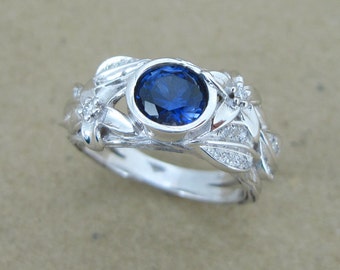 Sapphire Engagement Ring, Leaf Engagement Ring, White Gold Sapphire Leaf Engagement Ring, Sapphire Leaf Ring, White Gold Sapphire Ring