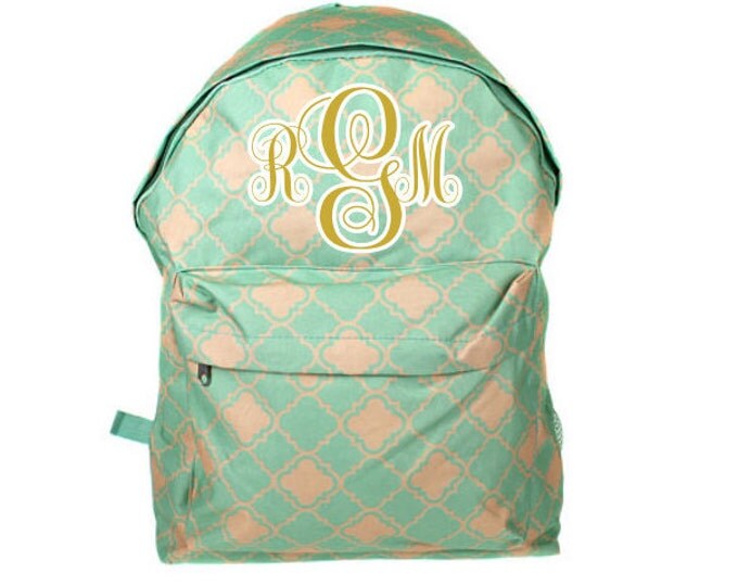 Teal Coral Quatrefoil Personalized School Backpack, Travel Backpacks, Monogram Back Pack, School Bag Rucksack personalized toddler backpacks