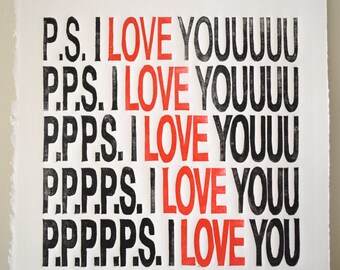 Valentines First Anniverysary Gift, Love Quote Print, PS I Love You, I love you print, Paper anniversary gift her, linocut print poster