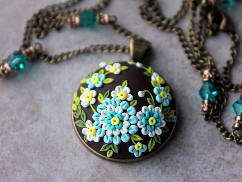 Lovely Polymer Clay Floral Applique Pendant Necklace i