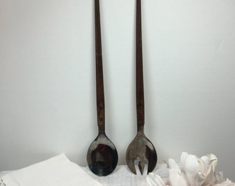 Modern Salad Servers Stainless w/ Wood Handles Wooden Fork & Spoon Vintage Set - #A1565