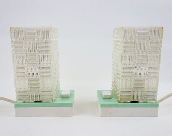 2 Bedside Lamps from the Seventies with Textured Plastic Shades and Pastel Mint Green Base
