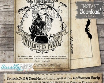Double Toil & Trouble Halloween Party Invitation - INSTANT DOWNLOAD - Editable Printable Witch, Scary, Vintage Invitation by Sassaby Parties