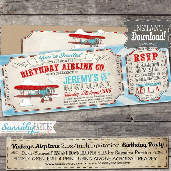 Vintage Airplane Ticket Invitation - INSTANT DOWNLOAD - Partially Editable & Printable Aeroplane, Airline, Boys Birthday Party Invite Il_570xn