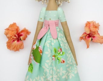 Tilda doll rag doll fabric doll stuffed doll blonde cloth doll coral mint handmade cute doll baby shower gift for girls