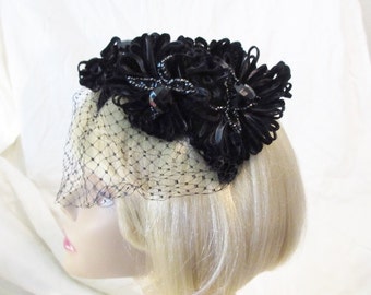 1960s Stunning Hat/Black Velvet Ribbon/ Black Sequin and Bead trim/a Marche Exclusive/Half Hat