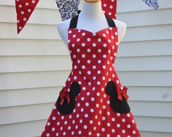 Minnie Mouse Costume Apron, Womens Full Cooking Apron, Reversible Apron, Inspired Minnie with Mickey Head Pockets