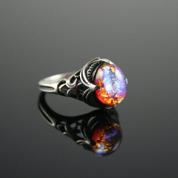 Dragon\u002639;s Breath Opal Antique Estate Style Cabochon Ring