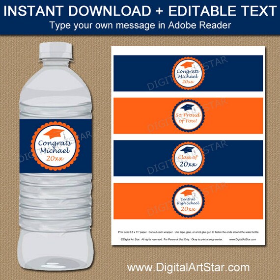 graduation water bottle labels printable diy orange navy