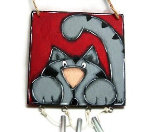Gray cat wind chime - Cat door hanger - Gray cat on door sign