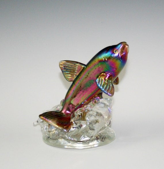 Items similar to Hand Blown Glass Leaping Trout Paperweight Sculpture