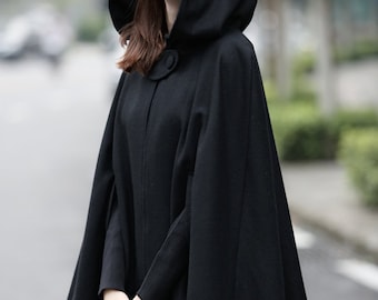 Flare Wool Coat Jacket Black Hooded Cloak Winter Cape Black