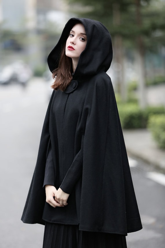 Black Hooded Wool Coat wool Cloak Cape Cashmere Women Wool