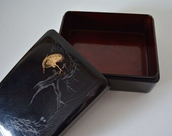 Vintage Japanese urushi lacquerware box and tray, black