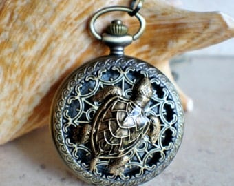 Sea turtle men's pocket watch, front case is mounted with bronze sea turtle