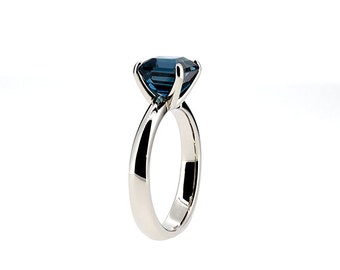 London blue topaz ring, white gold, engagement ring, emerald cut, square, blue engagement, topaz, blue topaz, solitaire, teal wedding ring