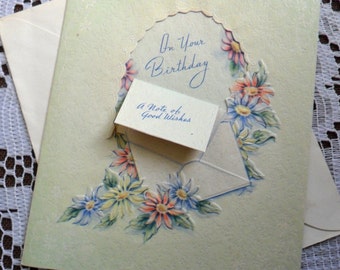 Vintage Happy Birthday Embossed Die Cut Spring Flowers Daisies Greeting Card & Envelope 1940s 1950s Unused On Your Birthday USA