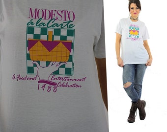 Retro shirt Vintage 1980s graphic tee white short sleeve oversize unisex hipster Modesto a la Carte print Large